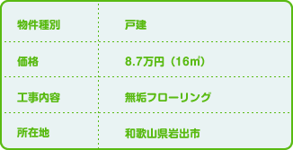 物件種別:戸建 価格:8.7万円（16平方メートル） 工事内容:無垢フローリング 所在地:和歌山県岩出市